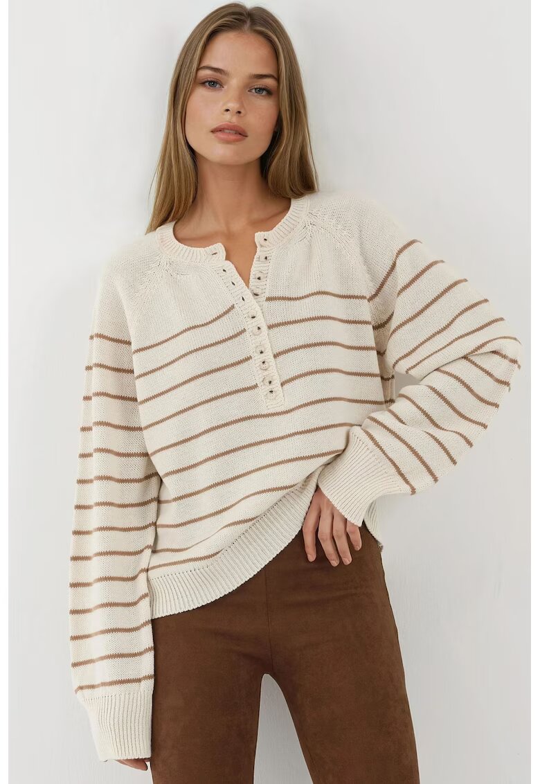 HiCCUP Pulovere dama - pulover cu dungi - detalii nasturi - bej - tricot