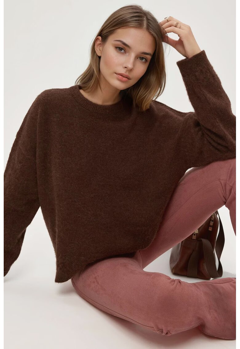 HiCCUP Pulovere dama - pulover cu guler rotund - textura impletita - tricot - Castaniu-maro -