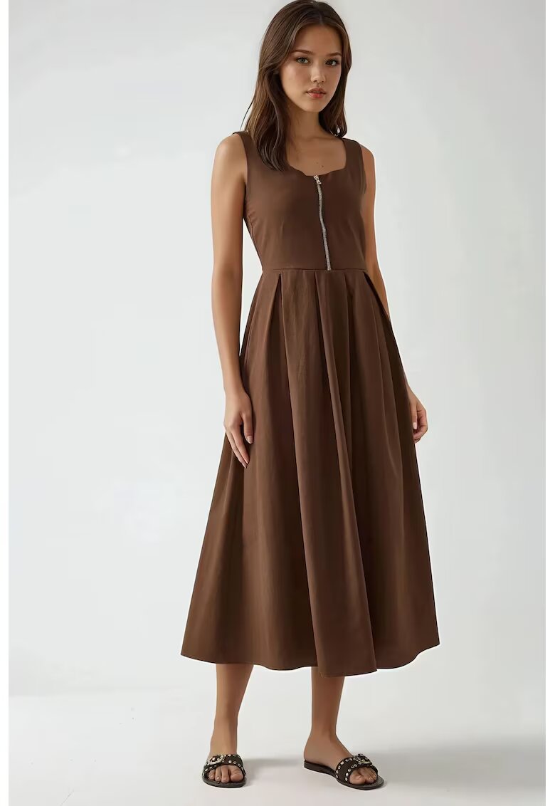 HiCCUP Rochie maxi - A-line - decolteu rotund - fermoar - maro - textil
