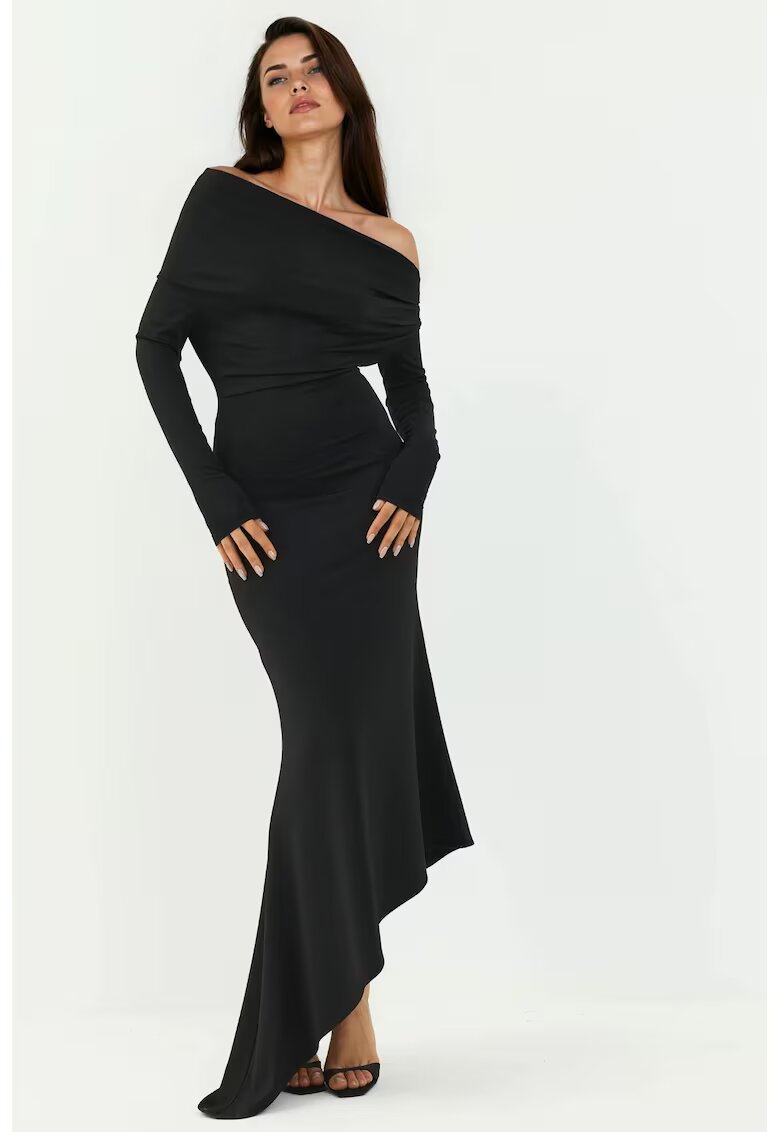 HiCCUP Rochie Maxi Bodycon - Decolteu Barcuta - Negru - Jerseu