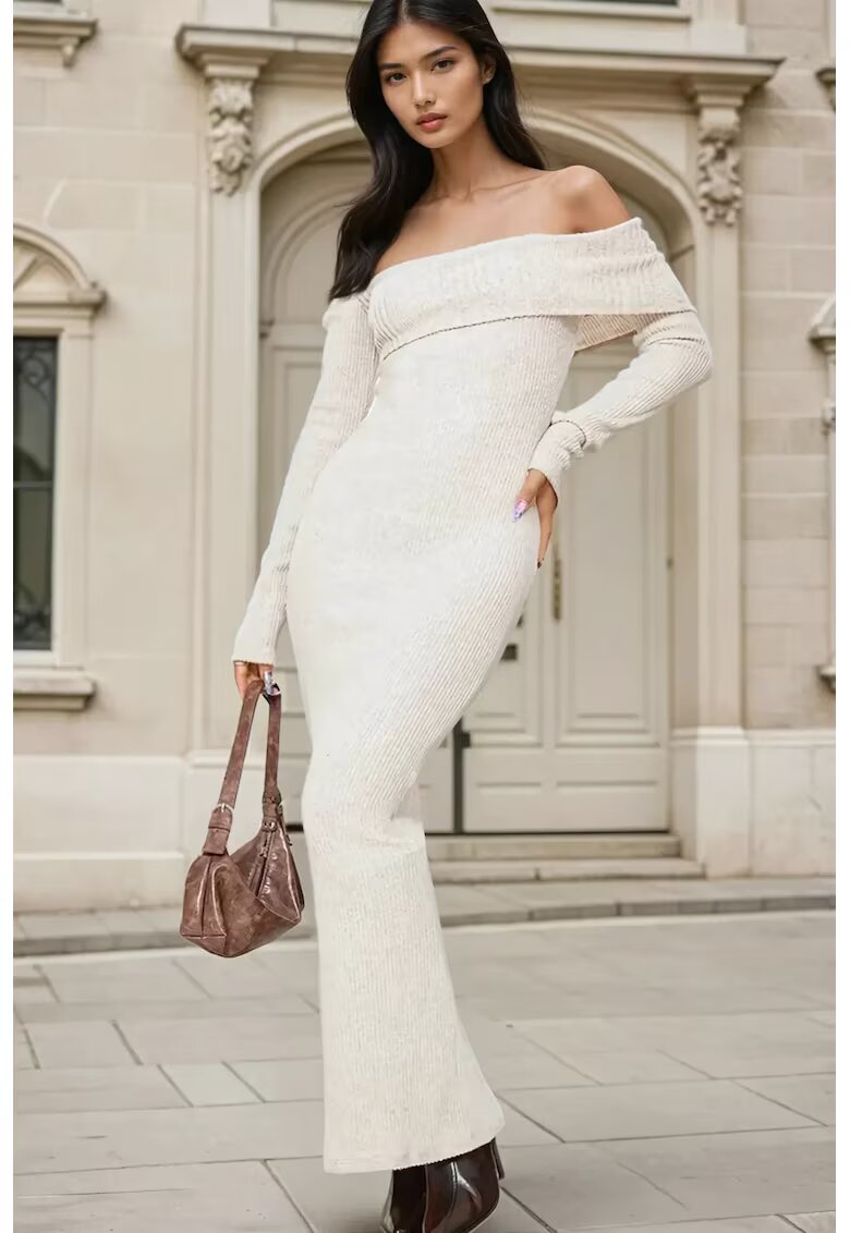 HiCCUP Rochie maxi bodycon - umeri goi - bej - tricot
