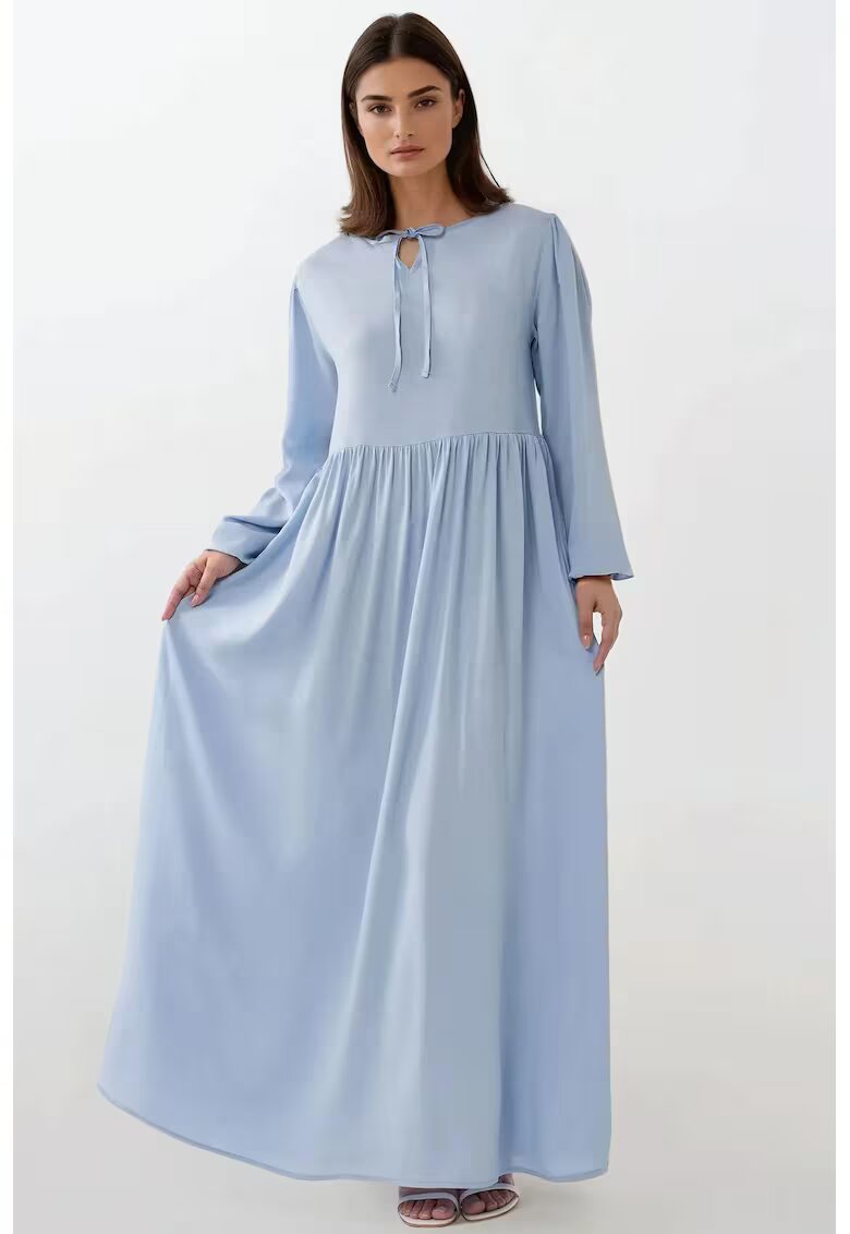 HiCCUP Rochie maxi - croiala in A - guler rotund - albastru - textil