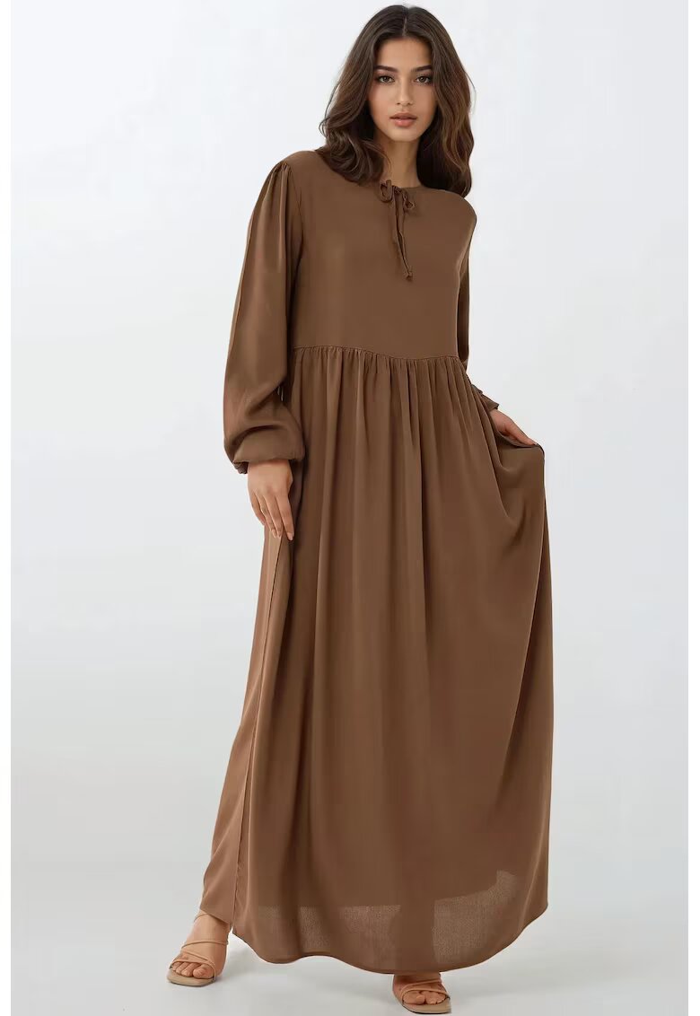 HiCCUP Rochie maxi - croiala in forma de A - guler rotund - maro - textil