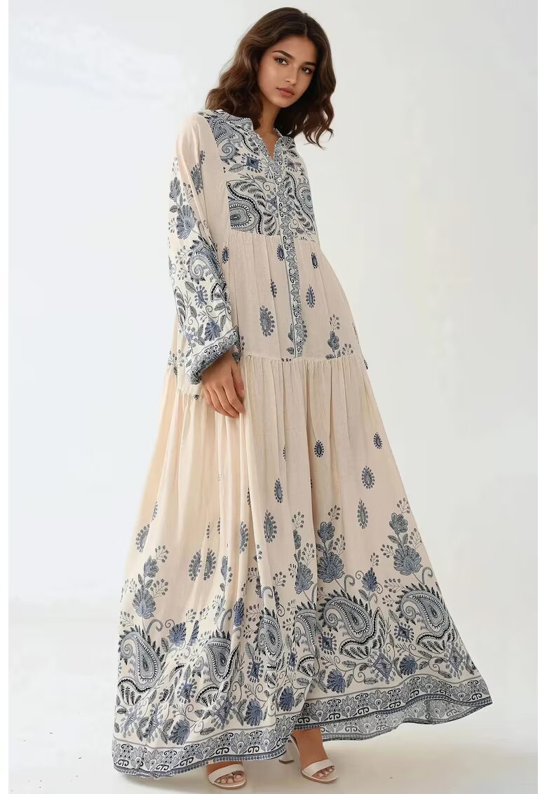HiCCUP Rochie maxi - decolteu in V - albastra - material textil
