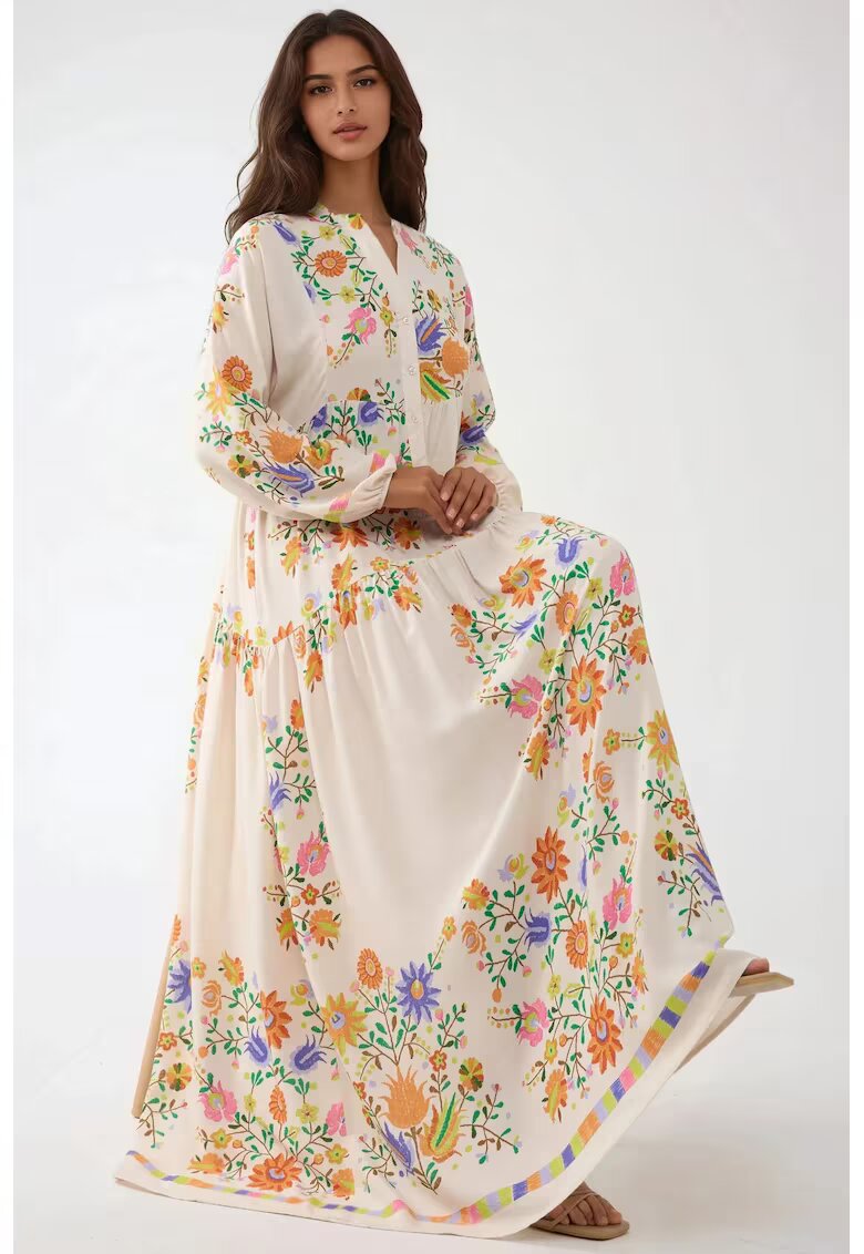 HiCCUP Rochie maxi - decolteu in V - bej - textil