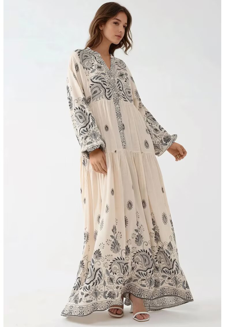HiCCUP Rochie maxi - decolteu in V - detalii cu nasturi - gri - textil