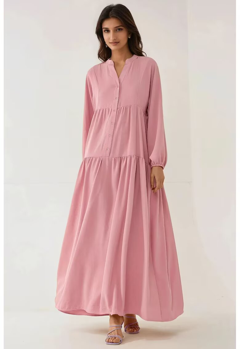 HiCCUP Rochie maxi decolteu in V - detaliu cu nasturi - roz - textil