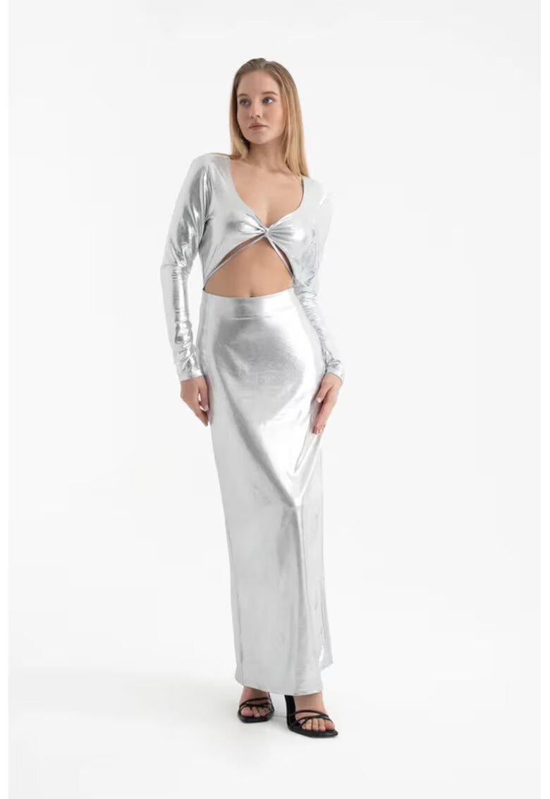 HiCCUP Rochie maxi - decolteu in V metalic - maneca lunga - gri - textil