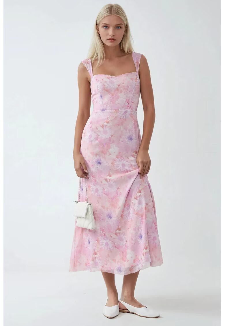 HiCCUP Rochie maxi - florala - guler in forma de inima - roz aprins - textil