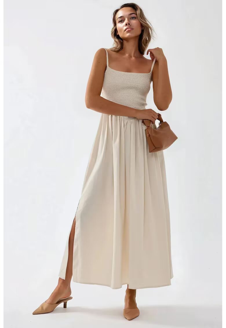 HiCCUP Rochie maxi - forma de A - decolteu patrat - bej - textil