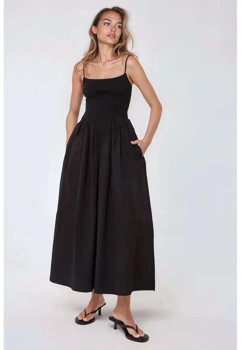 HiCCUP Rochie maxi - forma de A - guler patrat - neagra - textil