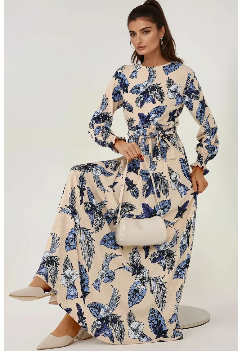HiCCUP Rochie maxi - guler rotund - maneca lunga - bej - jerseu