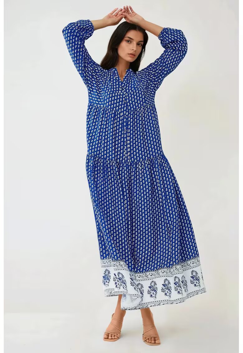 HiCCUP Rochie maxi - imprimeu - decolteu in V - albastru - textil
