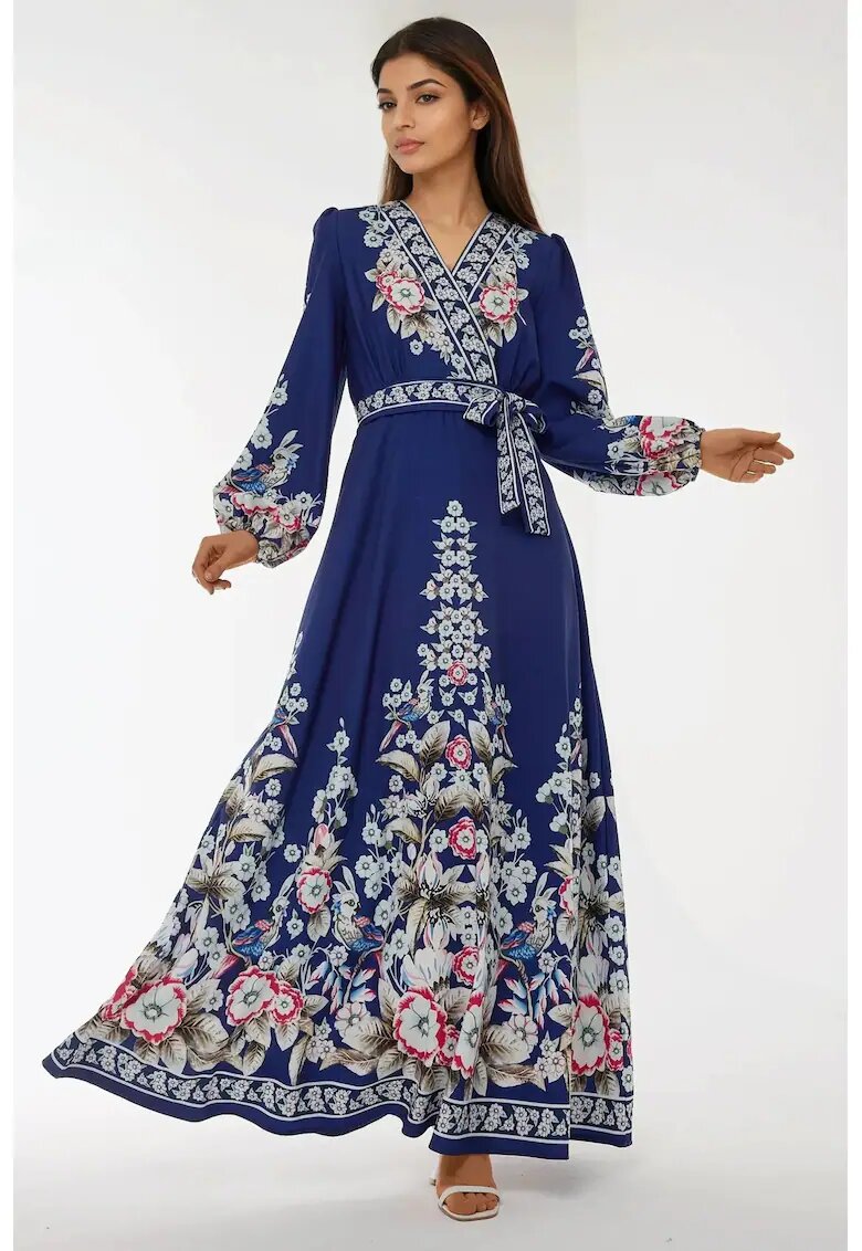HiCCUP Rochie maxi - imprimeu - decolteu in V - maneci lungi - albastra - textil