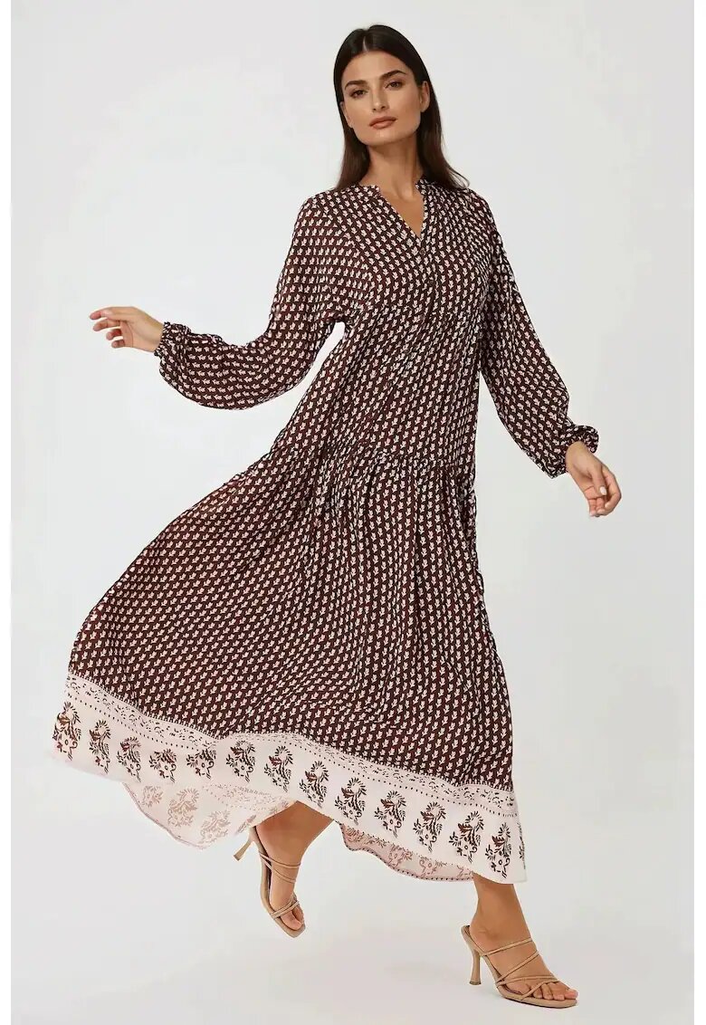 HiCCUP Rochie maxi - imprimeu - decolteu in V - maro - textil