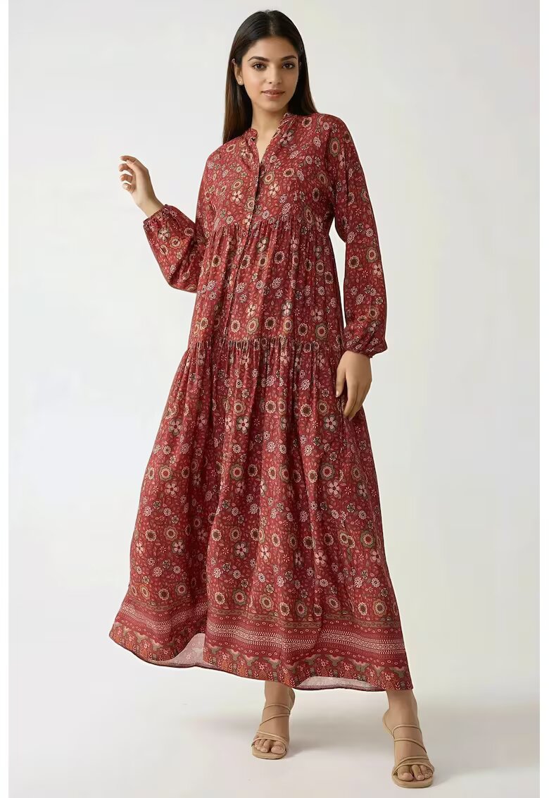 HiCCUP Rochie maxi - imprimeu - decolteu in V - rosu - textil
