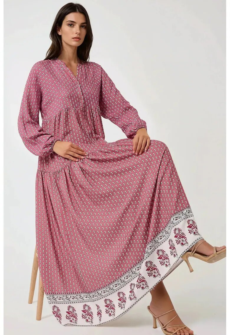 HiCCUP Rochie maxi - imprimeu - decolteu in V - roz - textil