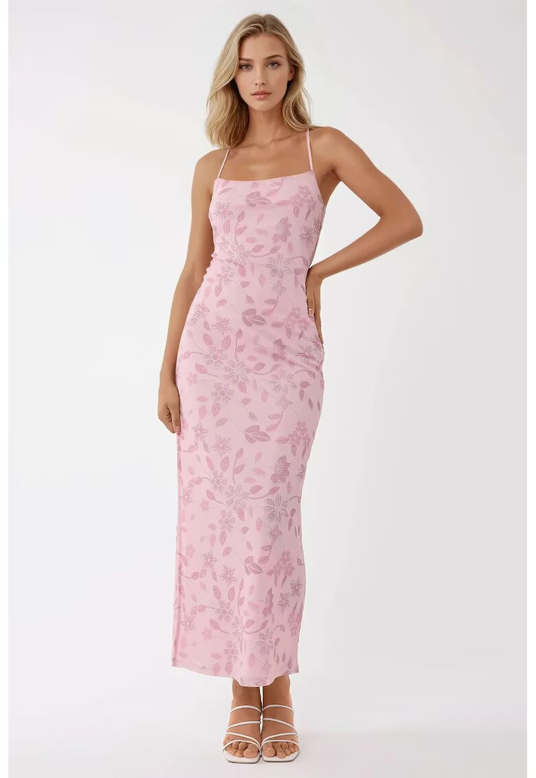 HiCCUP Rochie maxi - imprimeu - decolteu patrat - roz - tul