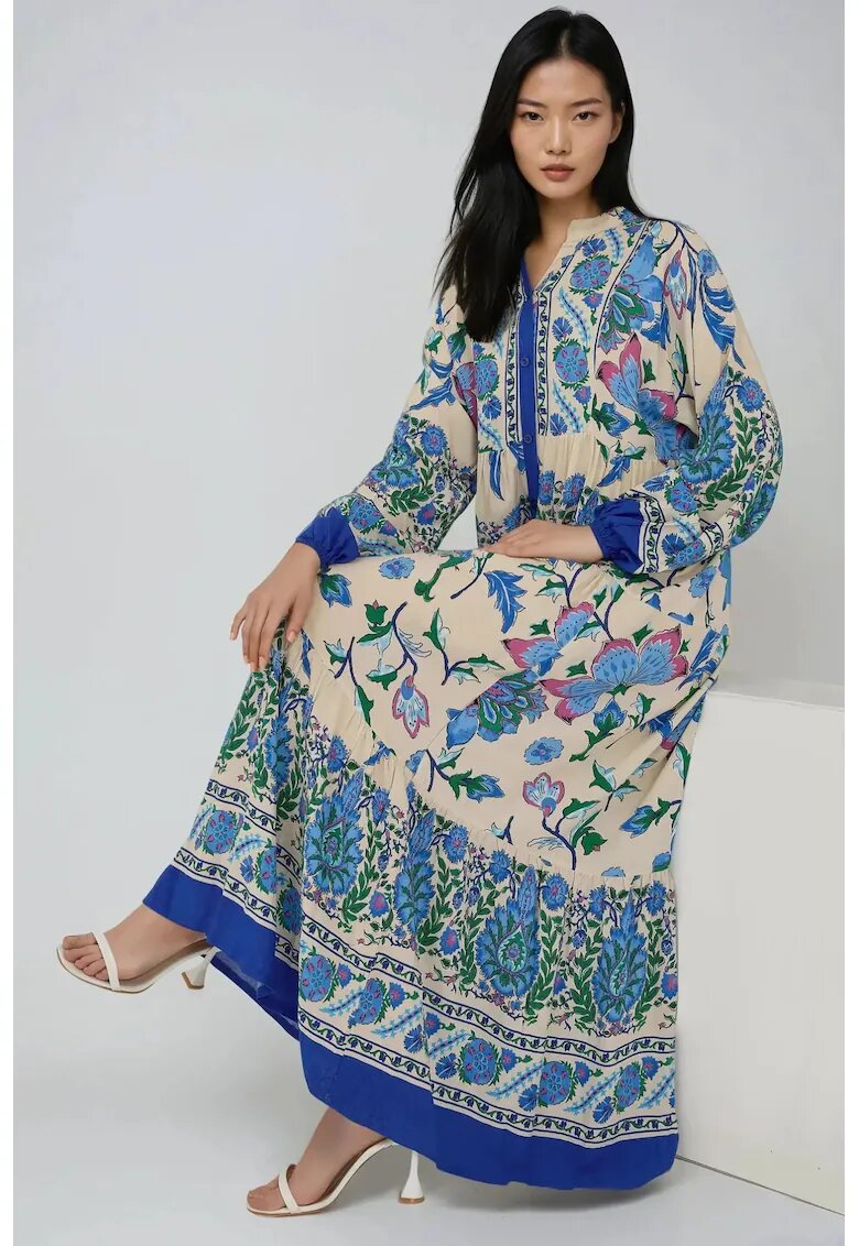 HiCCUP Rochie maxi - imprimeu - guler camasa - albastru - textil