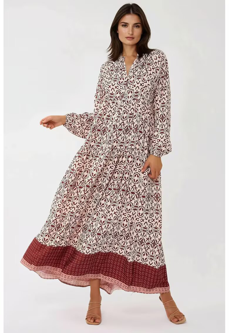 HiCCUP Rochie maxi - imprimeu - guler camasa - rosu - textil