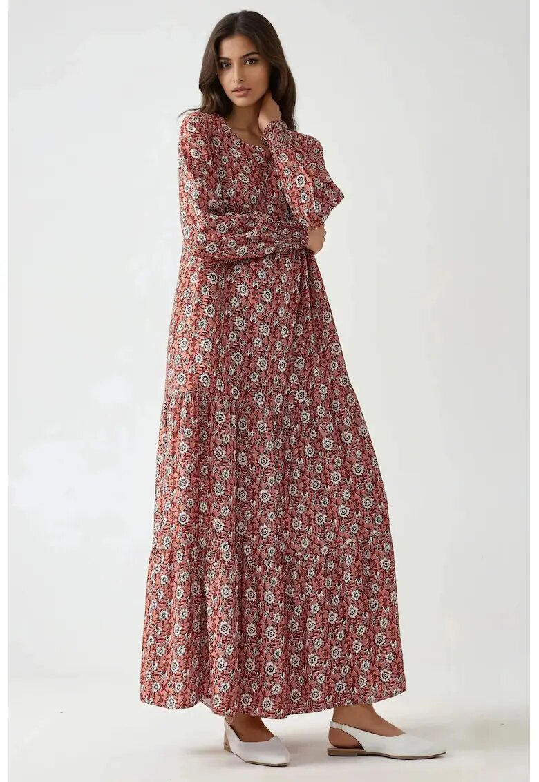 HiCCUP Rochie maxi imprimeu - guler rotund - rosu - viscoza