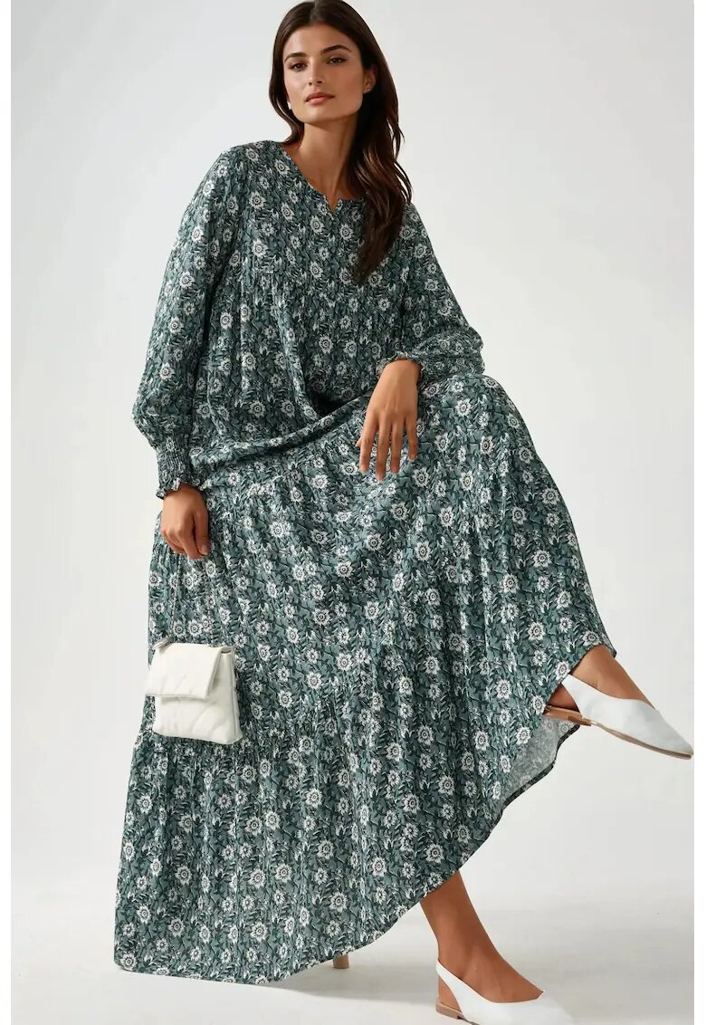 HiCCUP Rochie maxi imprimeu - guler rotund - verde - viscoza
