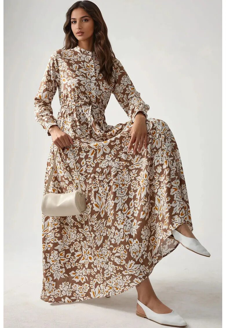 HiCCUP Rochie maxi - imprimeu - guler sofisticat - bej - viscoza
