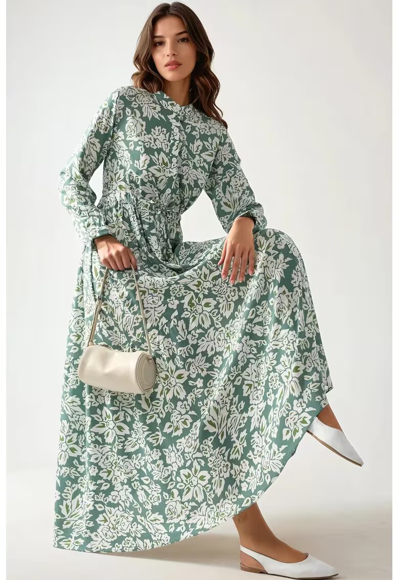 HiCCUP Rochie maxi - imprimeu - guler sofisticat - verde - viscoza