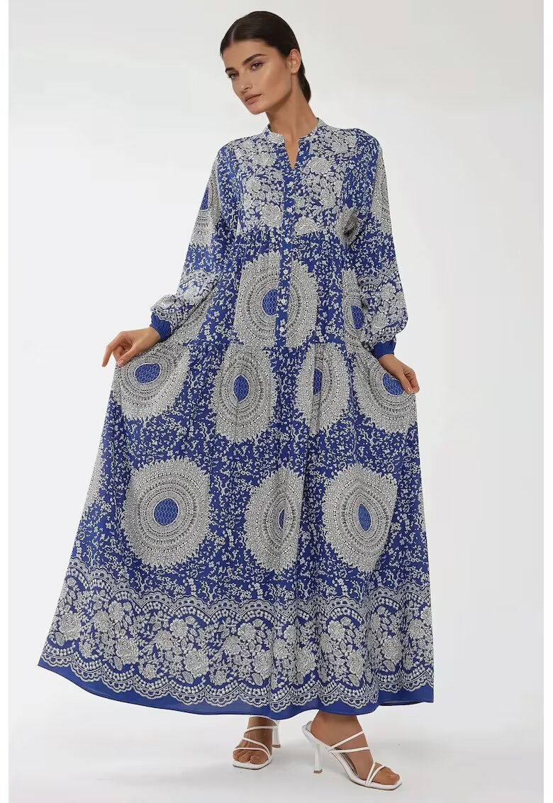 HiCCUP Rochie maxi imprimeu - maneca lunga - albastra - viscoza