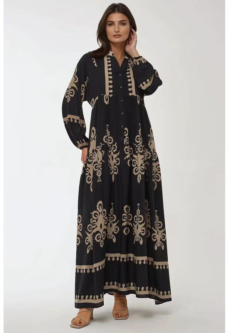 HiCCUP Rochie maxi imprimeu - maneca lunga - negru - viscoza