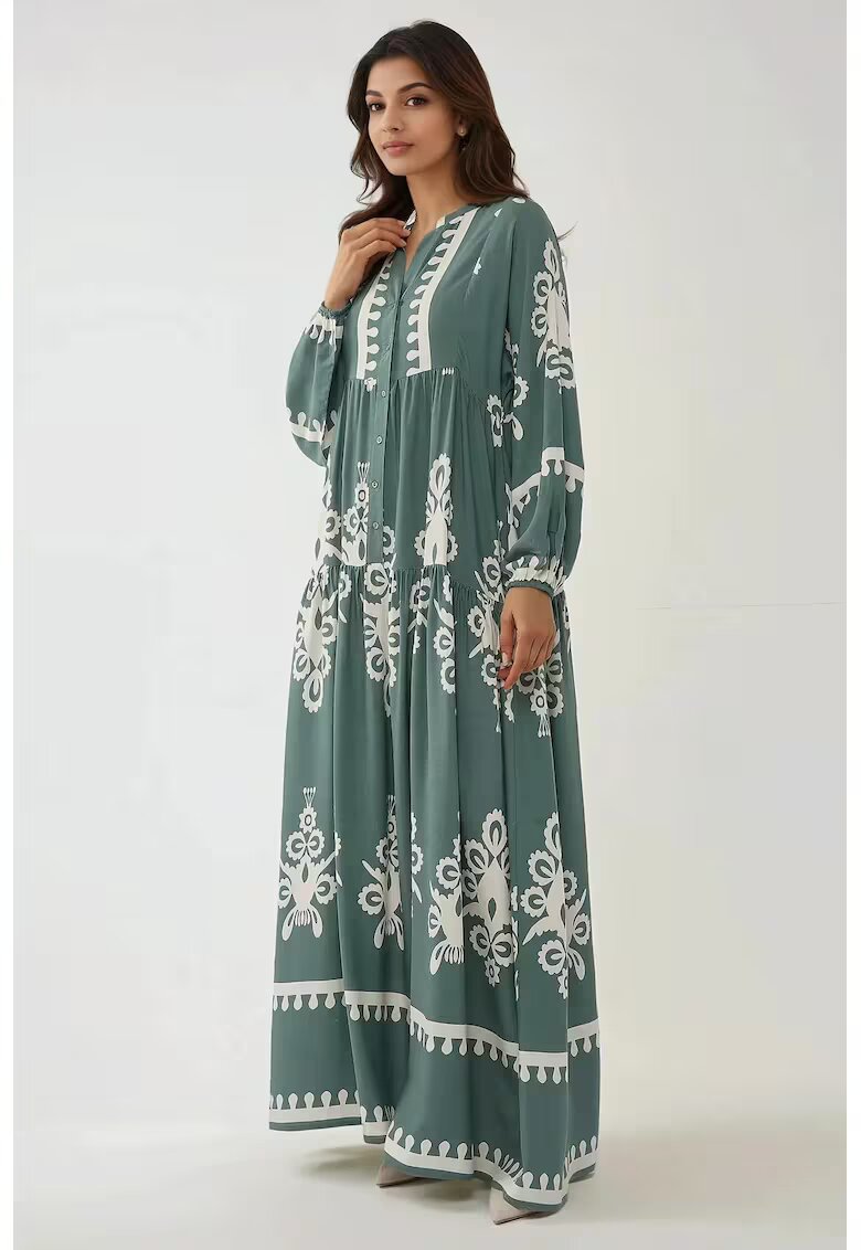HiCCUP Rochie maxi imprimeu - maneca lunga - verde - viscoza