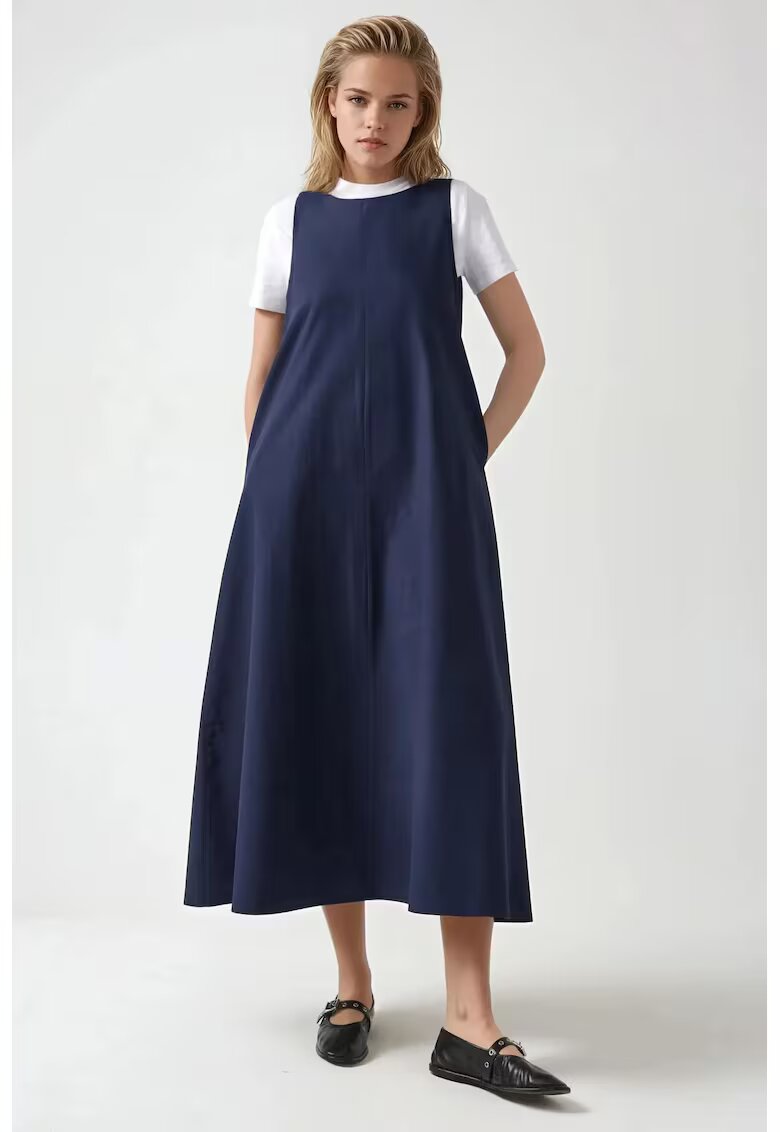 HiCCUP Rochie maxi - in forma de A - fara maneci - guler rotund - albastra - textil