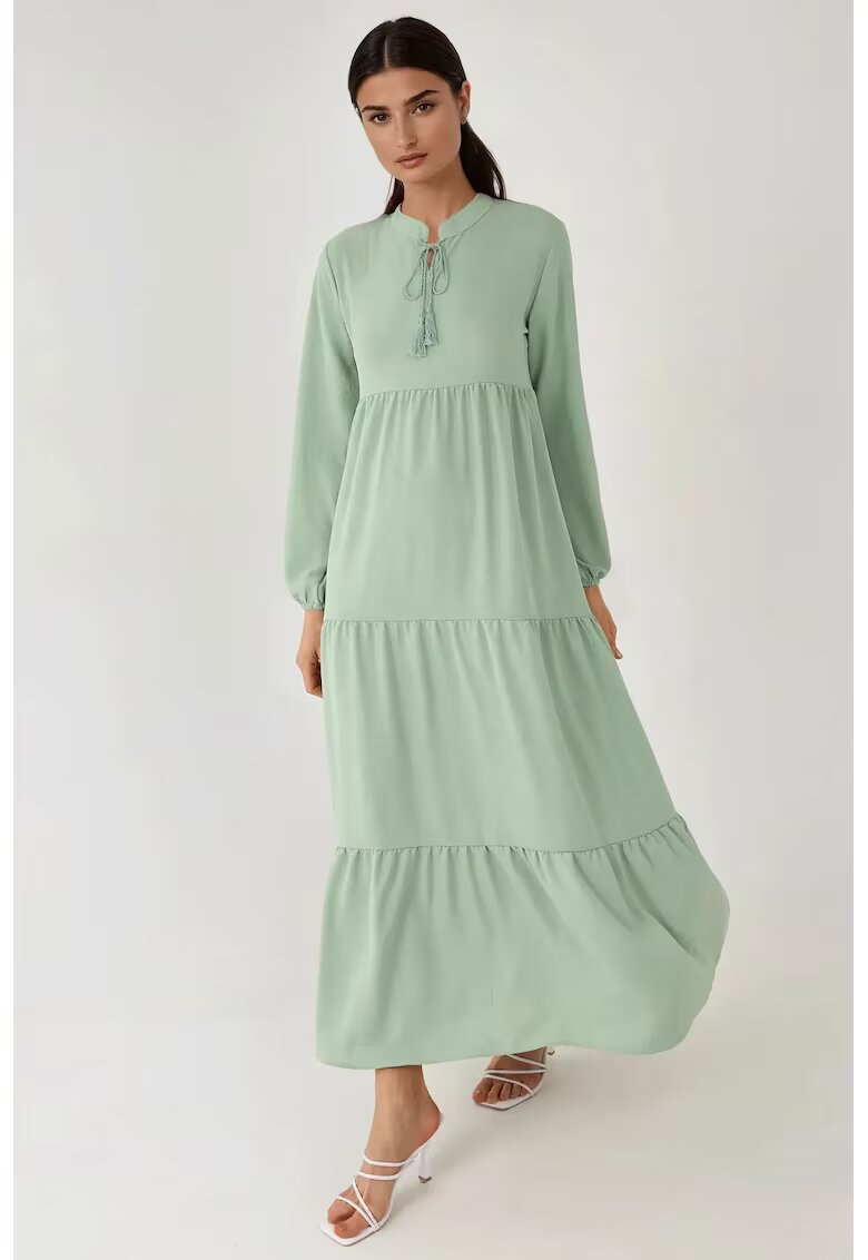 HiCCUP Rochie maxi - maneca lunga - guler rotund - verde - textil
