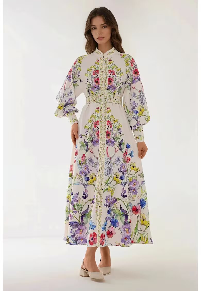 HiCCUP Rochie maxi maneca lunga - imprimeu - alb - bumbac - poliester - lycra