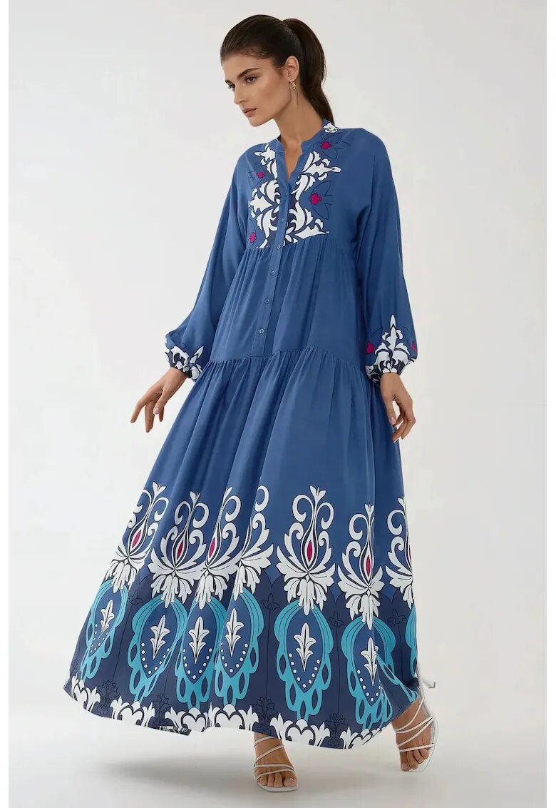 HiCCUP Rochie maxi maneca lunga - imprimeu - albastra/alb - viscoza