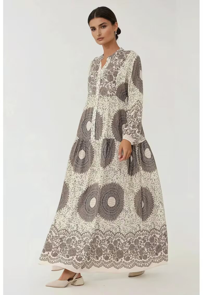 HiCCUP Rochie maxi - maneca lunga - imprimeu - bej - viscoza