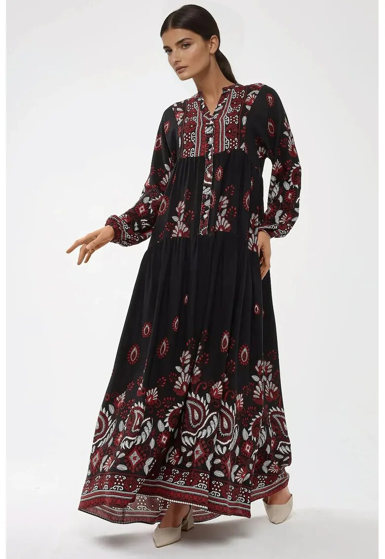 HiCCUP Rochie maxi - maneca lunga - imprimeu - negru/rosu - viscoza