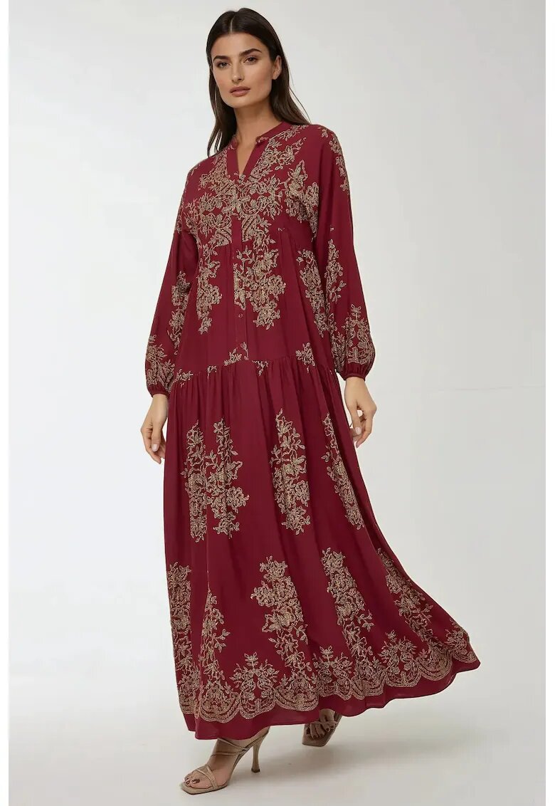 HiCCUP Rochie maxi - maneca lunga - imprimeu - rosu - viscoza