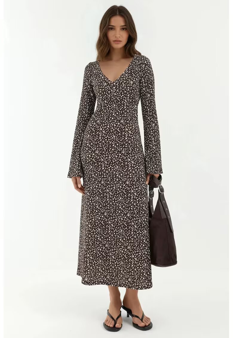 HiCCUP Rochie Maxi - Mulata cu Decolteu in V - Imprimeu Floral - Maro