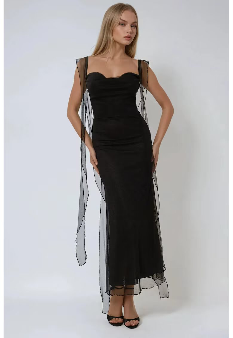 HiCCUP Rochie maxi mulata guler inima - volane - neagra