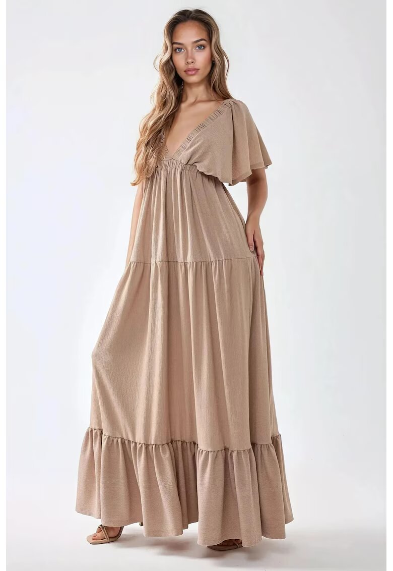HiCCUP Rochie maxi - texturata - decolteu in V - maro - textil