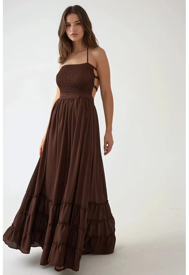 HiCCUP Rochie maxi - texturata - decolteu patrat - maro - jerseu