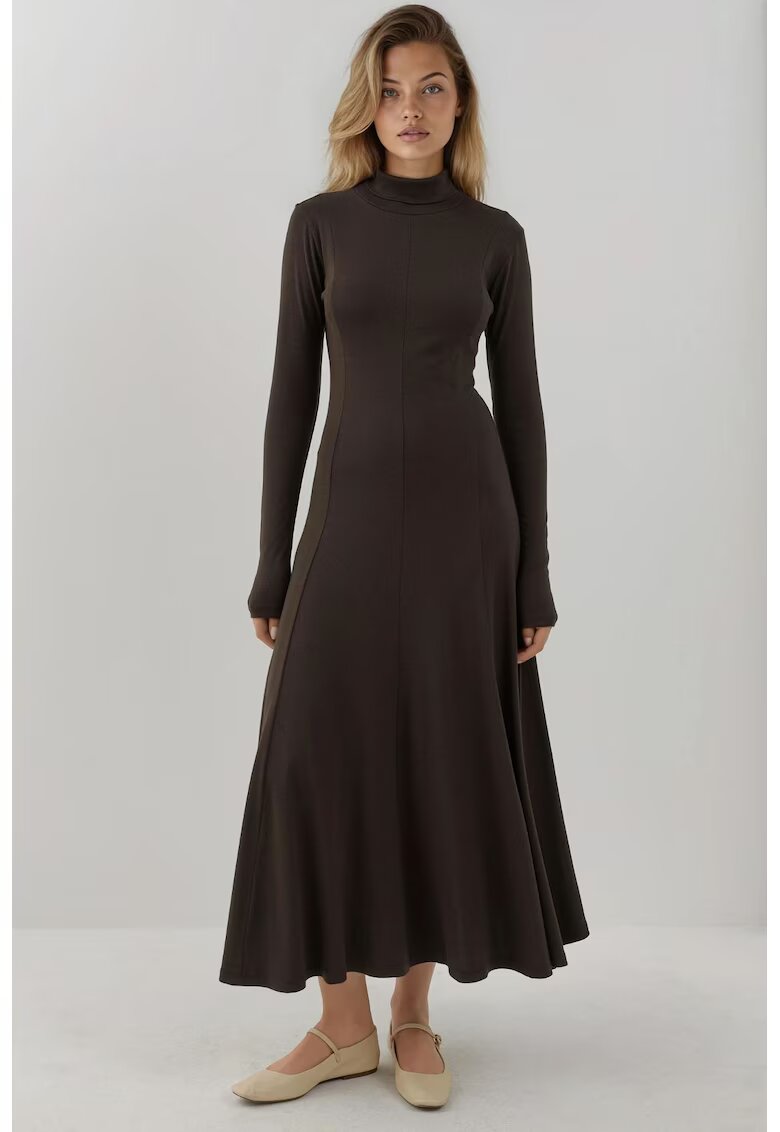 HiCCUP Rochie maxi - texturata - guler inalt - maro - bumbac