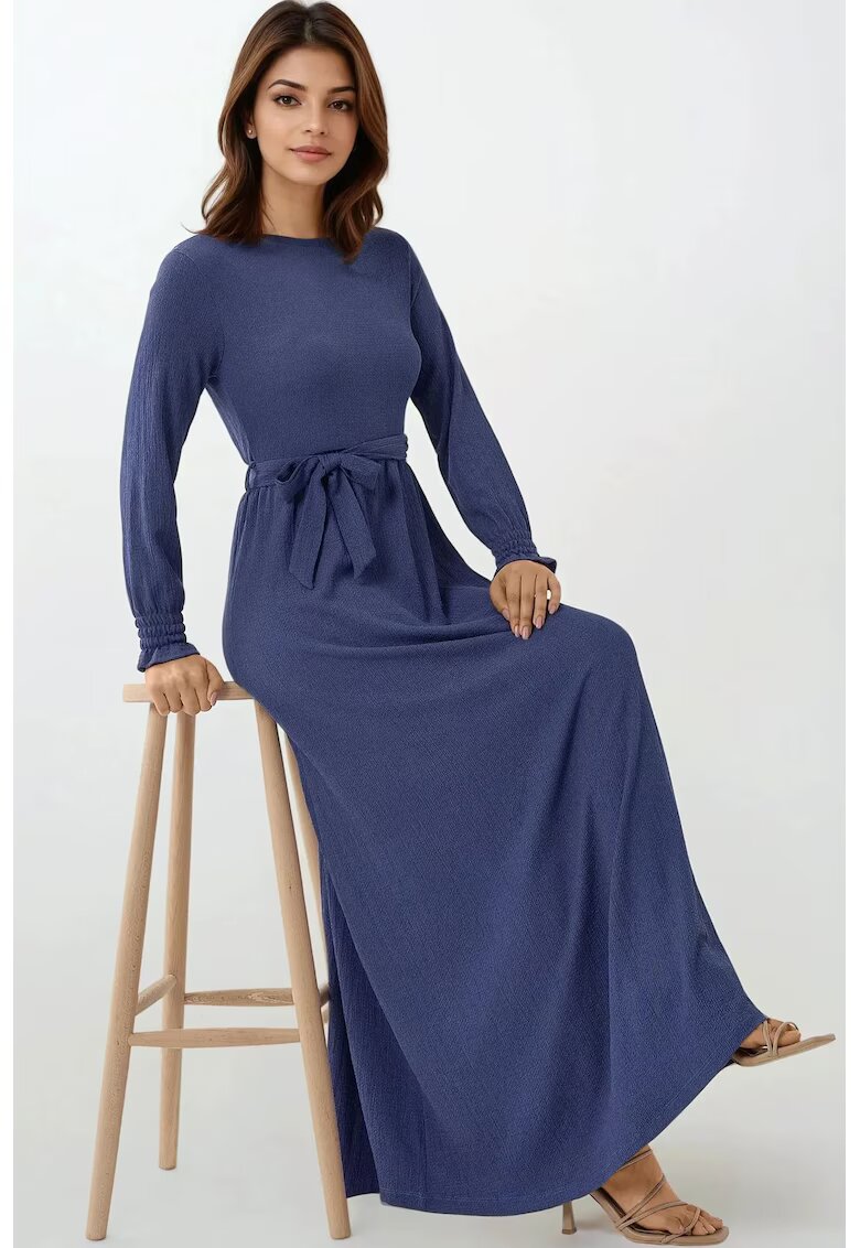 HiCCUP Rochie maxi - texturata - guler rotund - albastra - jerseu