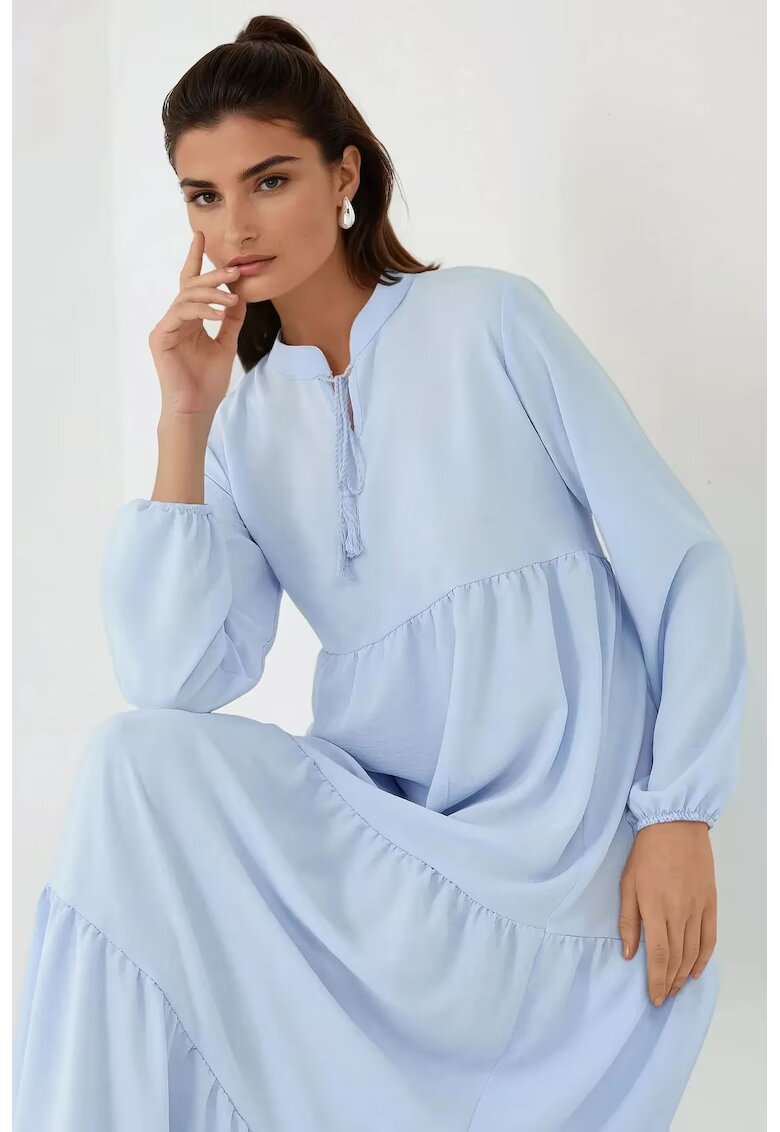 HiCCUP Rochie maxi texturata - guler rotund - maneci lungi - albastra - textil