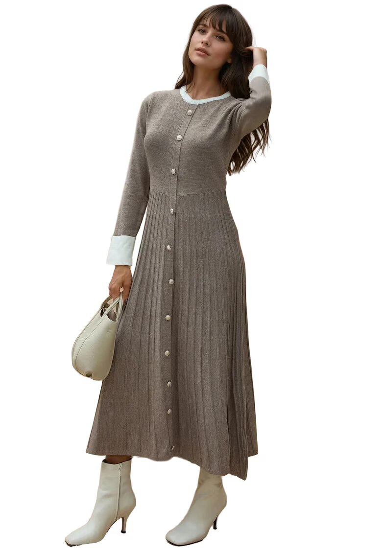 HiCCUP Rochie maxi tricotata - texturata - maro melange - material tricot