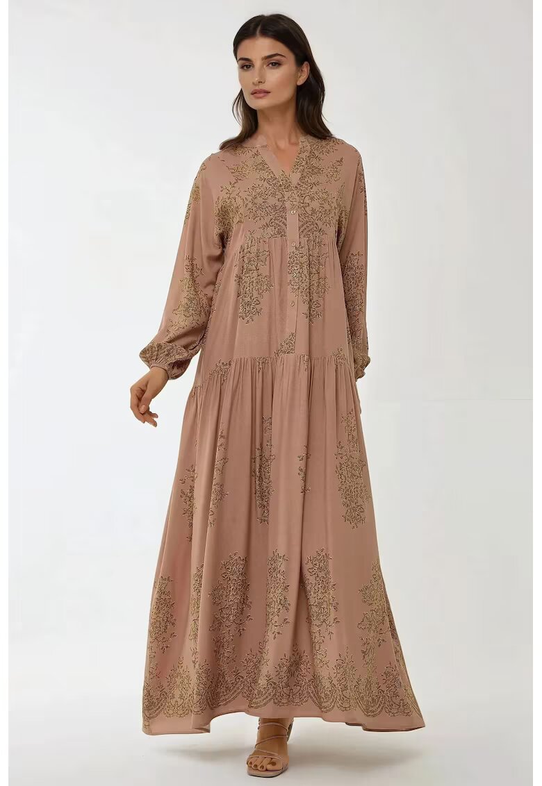 HiCCUP Rochie maxi - viscon imprimat - guler camasa - maro - textil