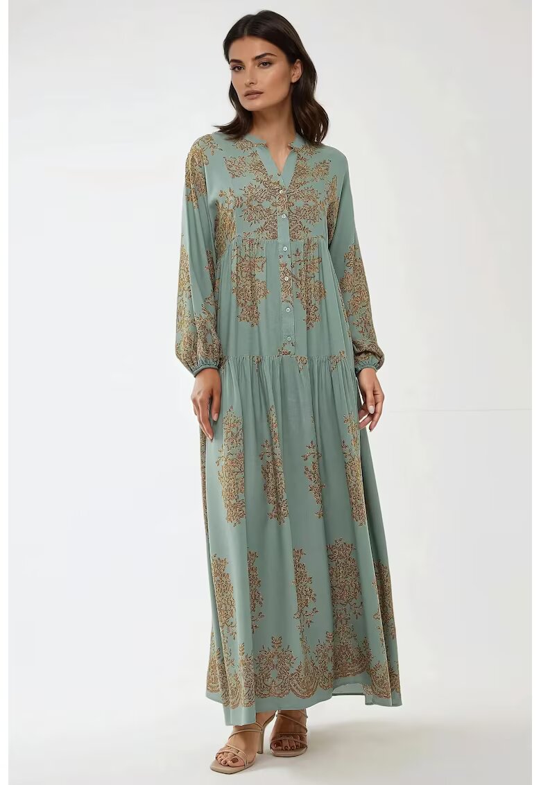HiCCUP Rochie maxi - viscon imprimat - guler camasa - verde - textil