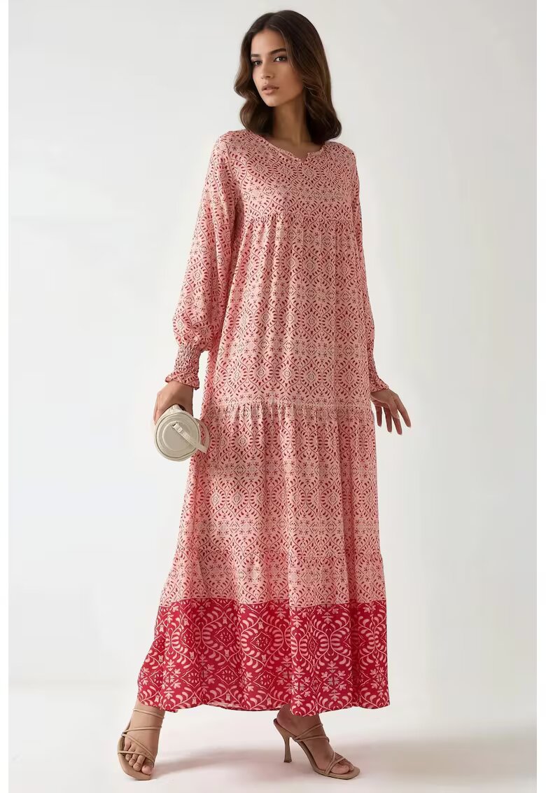 HiCCUP Rochie maxi viscoza - guler rotund - roz - maneci lungi