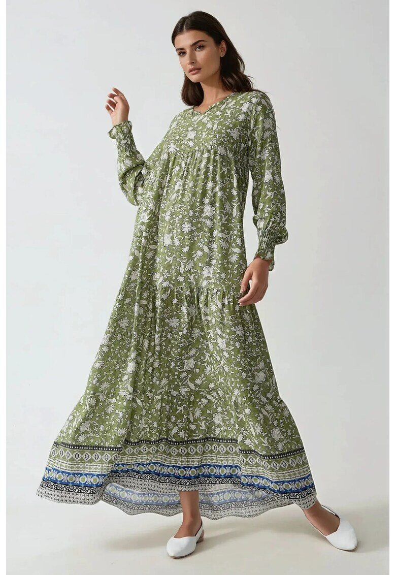 HiCCUP Rochie maxi - viscoza imprimata - guler rotund - verde